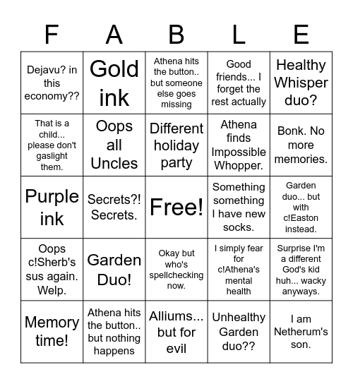 Athena (themed) Bingo Card