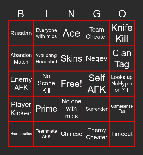 CS:GO Legit Cheating Bingo Card