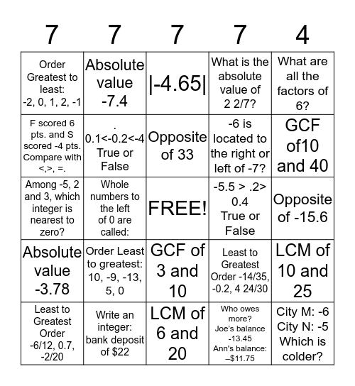 Number System Objective page 2 Bingo Card