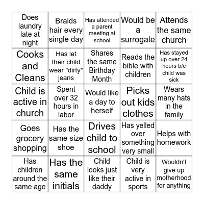 Mother's In Action Bingo Card