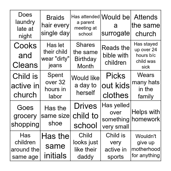 Mother's In Action Bingo Card