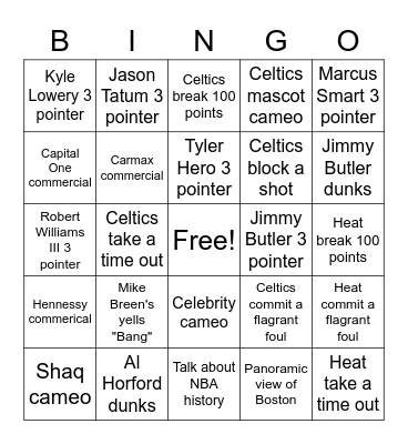 Celtics vs Heat Bingo Card