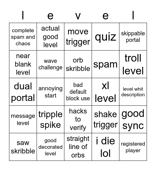 recent level bingo Card