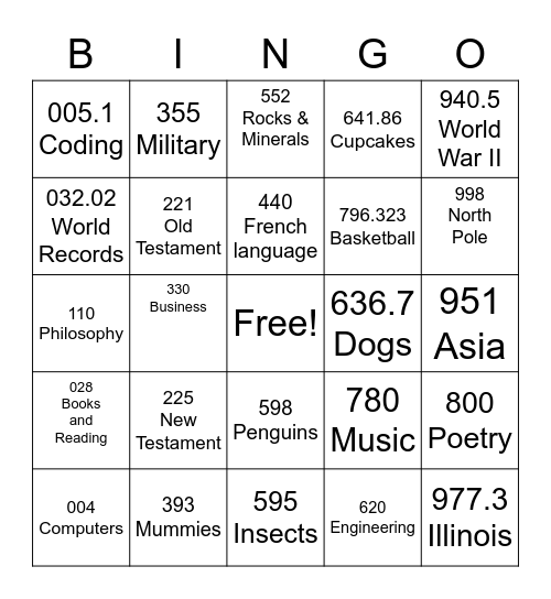 Dewey decimal Bingo Card