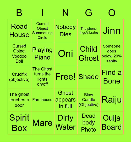 Phasmo Bingo Card