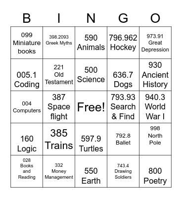 Dewey decimal Bingo Card