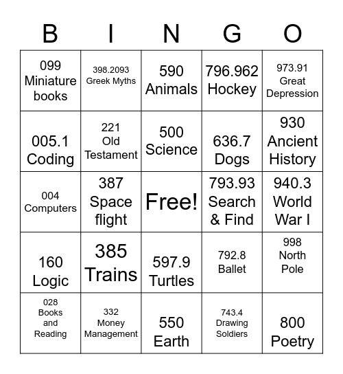 Dewey decimal Bingo Card