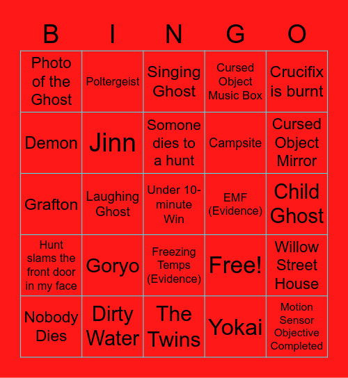 Phasmo Bingo Card