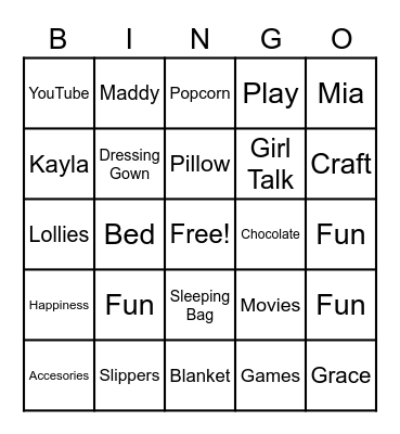Maddy's 12th Birthday Sleepover! Bingo Card