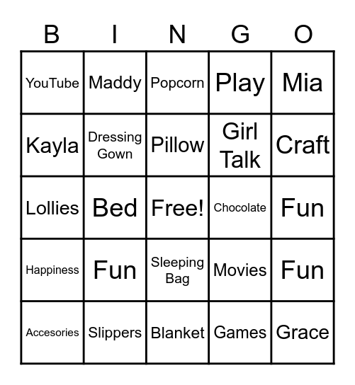 Maddy's 12th Birthday Sleepover! Bingo Card