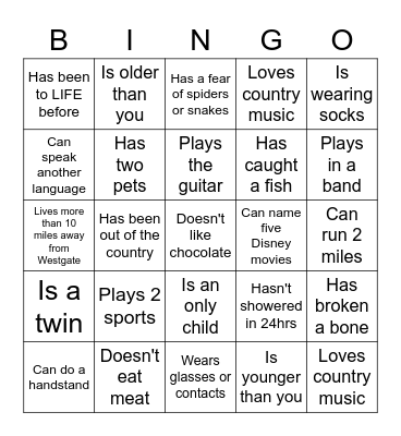Westgate Student Bingo Card