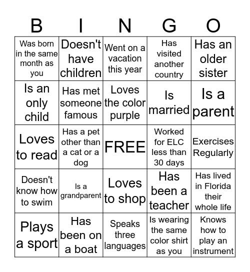 Find Someone Who: Bingo! Bingo Card