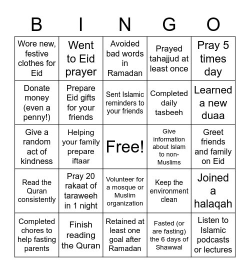 Eid Bingo Card