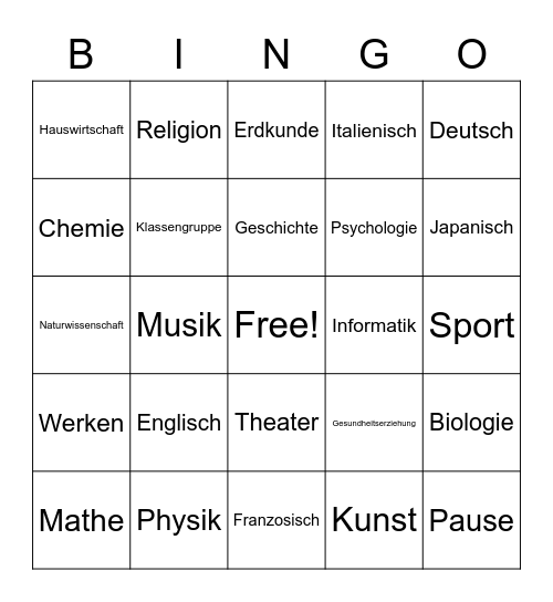 Schule Bingo Card