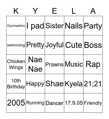 Kyela's 10th Birthday Party  Bingo Card