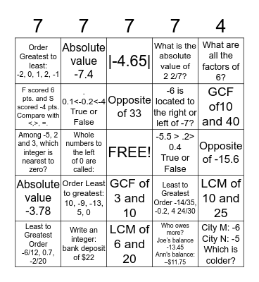 Number System Objective page 2 Bingo Card
