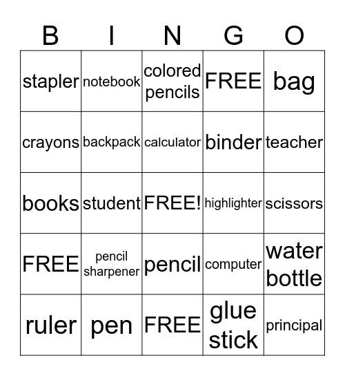 Classroom People and Objects Bingo Card