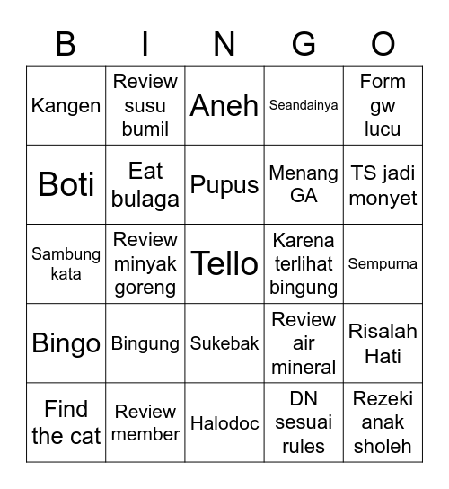 Toil n Sana Bingo Card