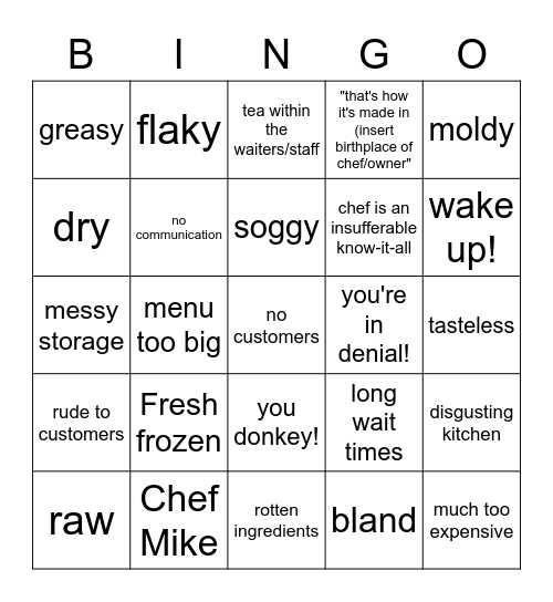 Kitchen Nightmares Bingo Card