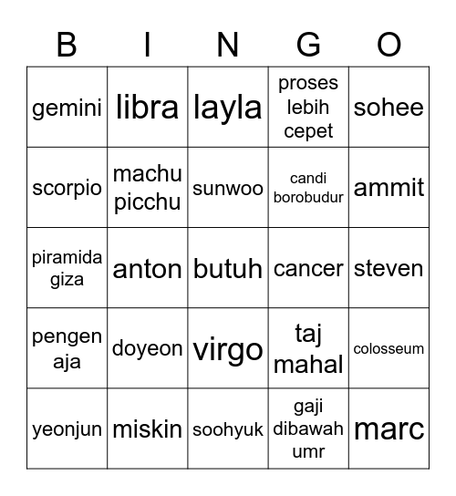 JENNIE Bingo Card