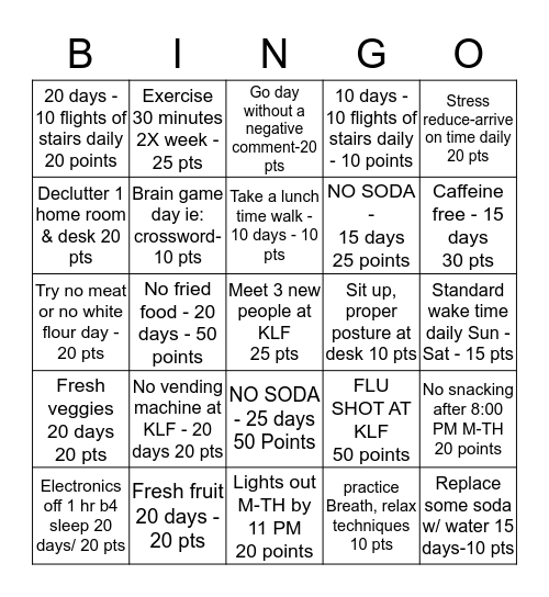 October Wellness Bingo Card