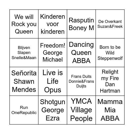 Muziek Bingo 50! Bingo Card