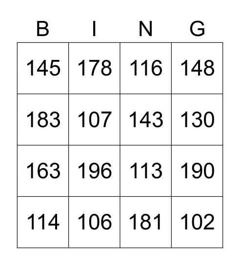 100 to 200 Bingo Card