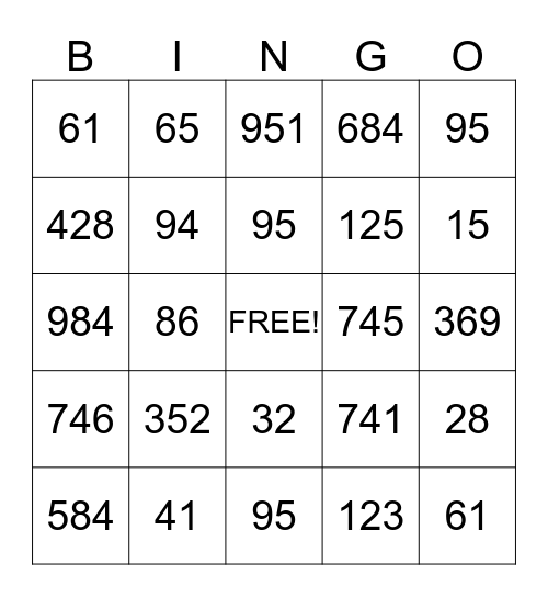 Place Value Bingo Card