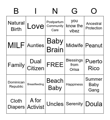 Minerva's Baby Shower Bingo Card