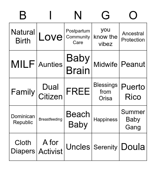 Minerva's Baby Shower Bingo Card