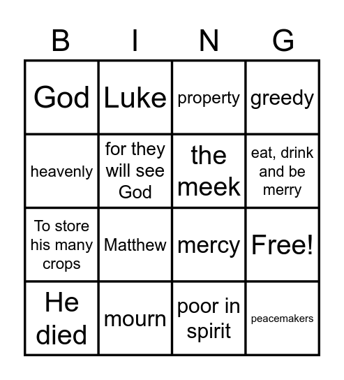 Sunday School Recap Bingo Card