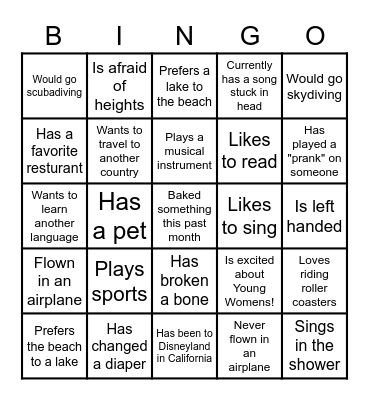 Young Women Get to Know You Bingo Card