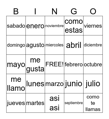 dias de la semana meses del ano Bingo Card