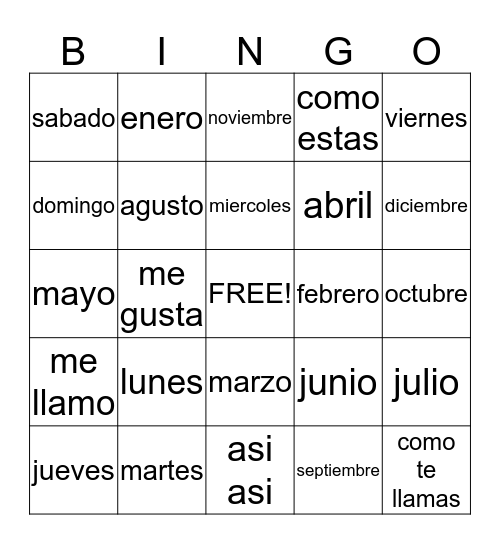 dias de la semana meses del ano Bingo Card