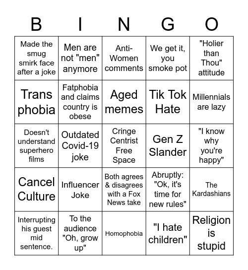 Bill Maher Bingo Card