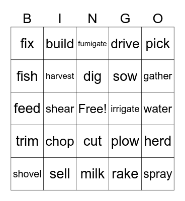 Farm verbs Bingo Card