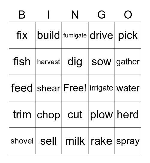 Farm verbs Bingo Card