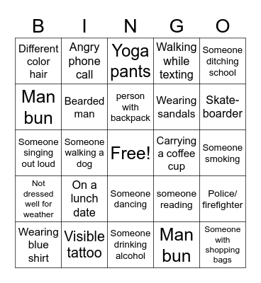 People Watching Bingo Card