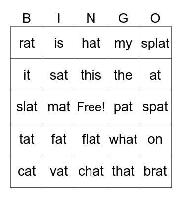 at word family Bingo Card