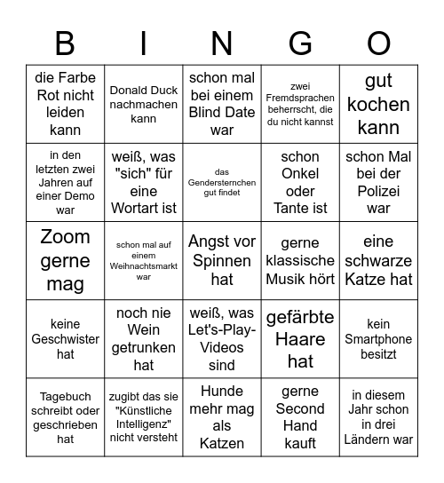 Finde jemanden der ... Bingo Card