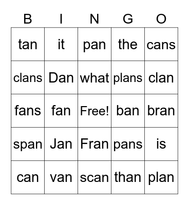 an word family Bingo Card