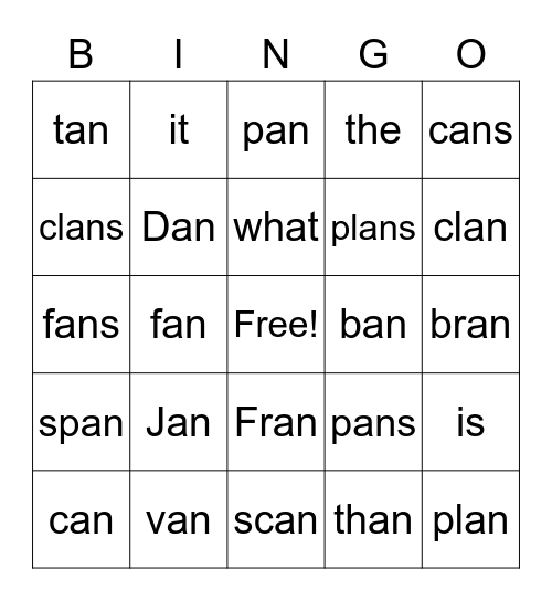 an word family Bingo Card