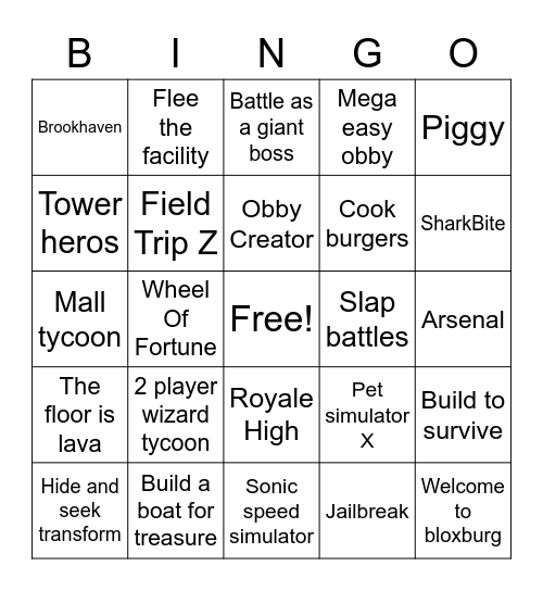 Roblox Games Bingo Card