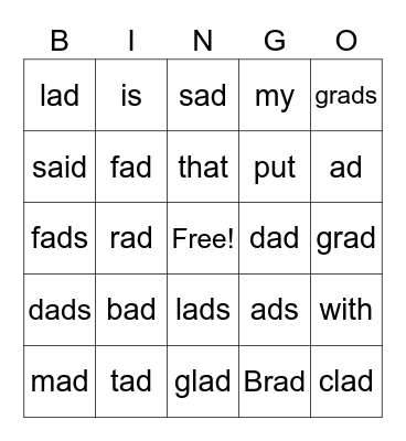 ad word family Bingo Card