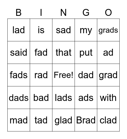 ad word family Bingo Card