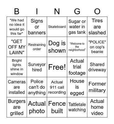 Fear Thy Neighbor Bingo Card