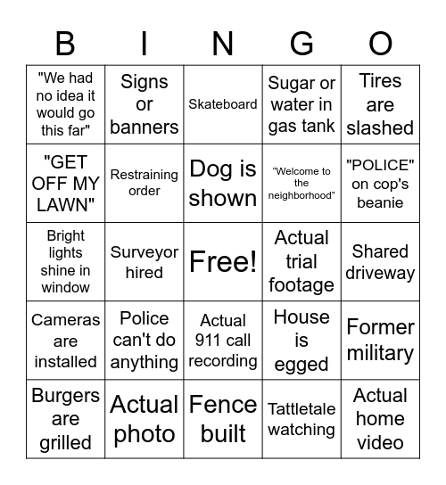 Fear Thy Neighbor Bingo Card