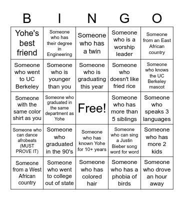 Graduation Bingo Card