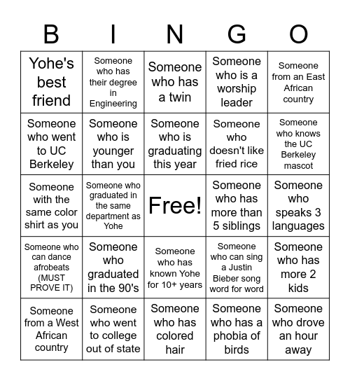 Graduation Bingo Card