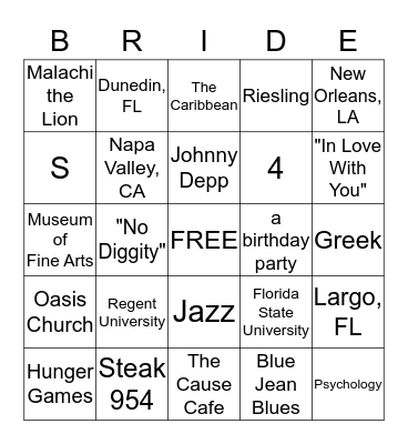 JENNY'S BRIDAL BINGO GAME Bingo Card